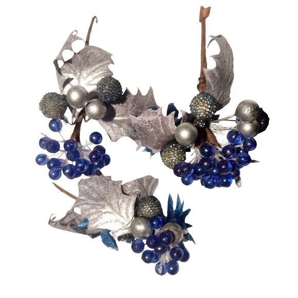 Vintage Set of 3 Blue Silver Holly Berry Sugar Beaded & Rubber Mistletoe 3-4" - Picture 1 of 4